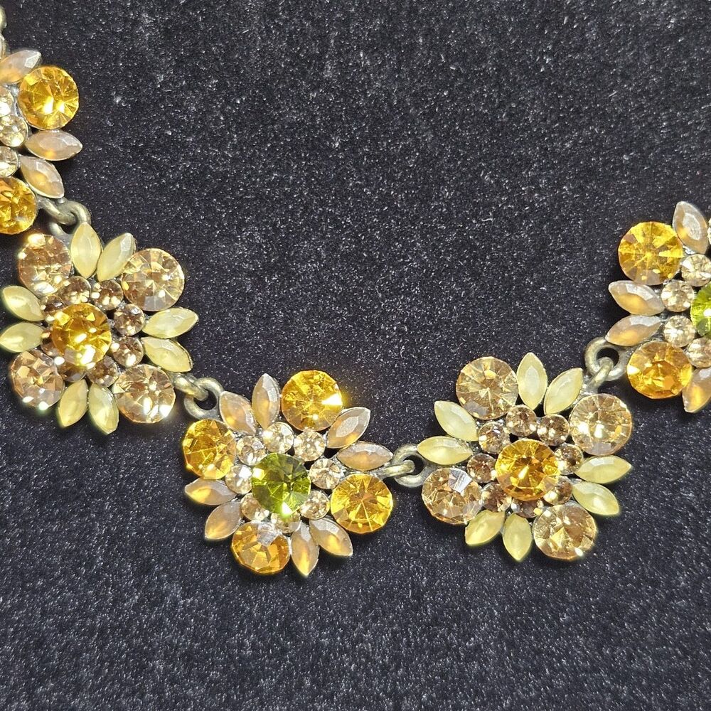Gold Tone Brown And Green Spark Rhinestone Fall Flower Statement Necklace 13-17"